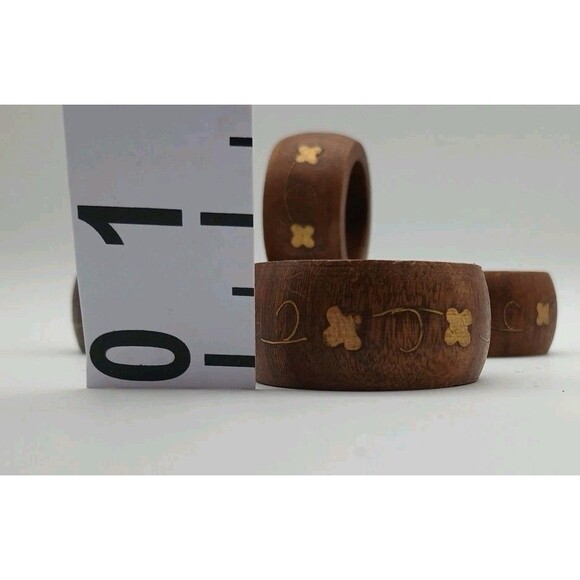 Wooden Napkin Rings Goldtone Inlay Napkin Holder SET OF 6 Handcrafted India - Picture 5 of 5